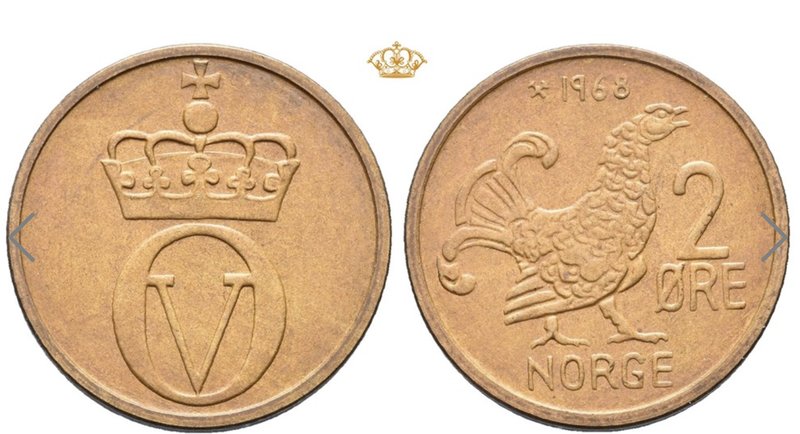 Den norska tvåöringen från 1968 gjordes endast i 3 467 exemplar. Det såldes nyligen för 22 800 norska kronor. Foto: Skärmavbild Oslo Myntgalleri